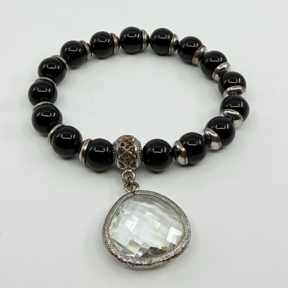 Black Beaded Crystal Drop Charm Stretch Bracelet Gothic Bohemian Statement